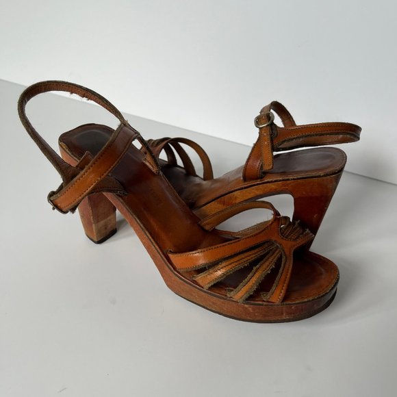 Vintage 70s Bear Traps Wooden & Leather Platform Heel Sandals Women's size 7.5 - Picture 5 of 15